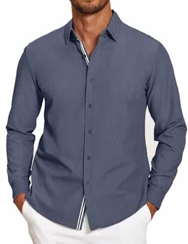 Coofandy Mens Button Down Long Sleeve Shirt Chambray Shirts For Men Untucked Shirt, Navy Blue, X Large