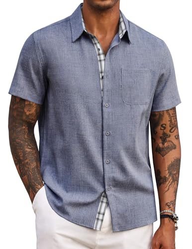 Coofandy Men'S Button Down Shirt Summer Beach Shirt Short Sleeve Untuckit Shirt Dark Blue