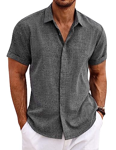 Coofandy Men'S Linen Untucked Button Up Shirt Casual Short Sleeve Slim Fit Summer Shirts Dark Grey