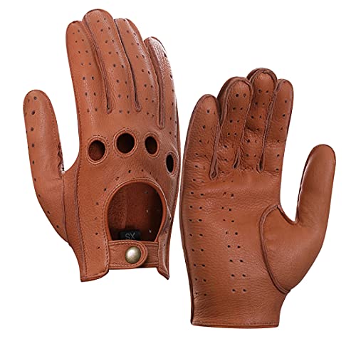 Harssidanzar Mens Leather Driving Gloves Deerskin Unlined Upgrade,Tan, L