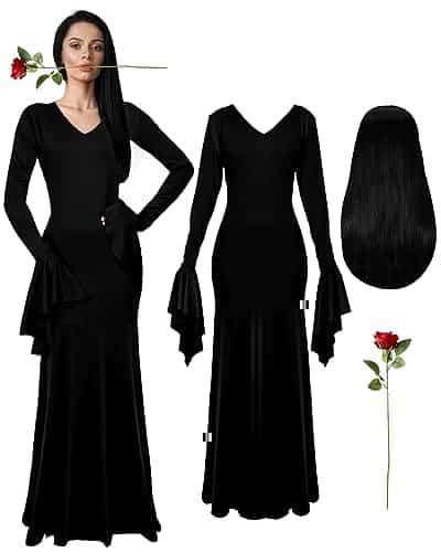 Suhine Pcs Halloween Cosplay Costumes For Women Vintage Gothic Witch Long Sleeve Dress Maxi Straight Black Wig Rose (X Large)