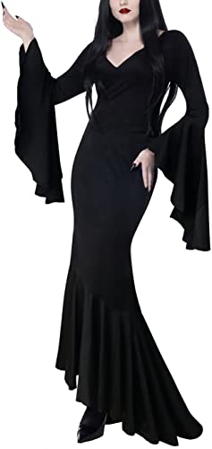 Uqje Women'S Morticia Addams Dress Costumes Gothic Maxi Dress Halloween Cosplay Vintage Black Long Dress L